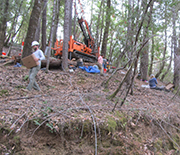 Researchers drilling a borehole in forest